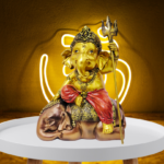 The Global Store - Bal Ganesh ji statue - sitting on small elephant of brown color and golden ganesh ji