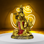 The Global Store - Krishna ji - golden color playing flute a cow is sitting near his feet