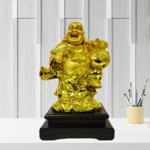 The Global Store - Laughing buddha statue - complete golden wooden base colored black holding hand fan - bg