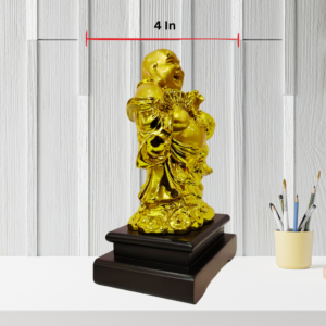 The Global Store - Laughing buddha statue - complete golden wooden base colored black holding hand fan - depth