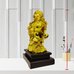 The Global Store - Laughing buddha statue - complete golden wooden base colored black holding hand fan - height