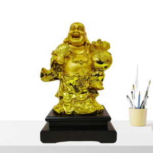The Global Store - Laughing buddha statue - complete golden wooden base colored black holding hand fan - no bg