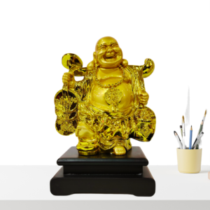 The Global Store - Laughing buddha statue - complete golden wooden base colored black looks like traveler - no bg