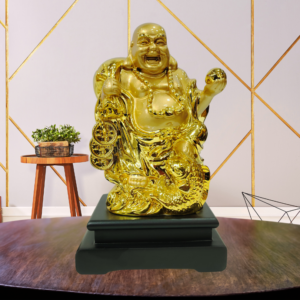 The Global Store - Laughing buddha statue - complete golden wooden base colored black with sack - bg