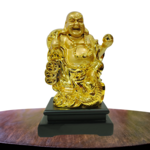 The Global Store - Laughing buddha statue - complete golden wooden base colored black with sack - no bg