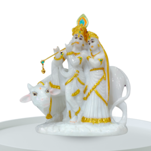 The Global Store - Radha krishna ji statue - polished white marble cow in behind standing - no bg