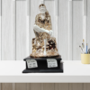 The Global Store - Sai Baba statue - Big rose gold and white with wooden base one leg up on knee - bg