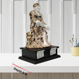 The Global Store - Sai Baba statue - Big rose gold and white with wooden base one leg up on knee - depth