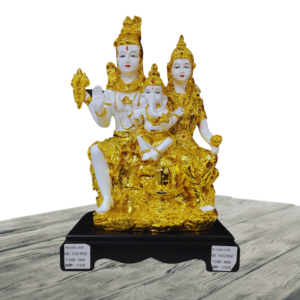 The Global Store - Shiv ji family statue - bal ganesh ji sitting on lap color is golden and white and base is wooden - no bg