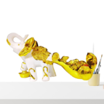 The Global Store - elephant statue - attached trolly at back made of marble dust coated with white and golden paint - no bg
