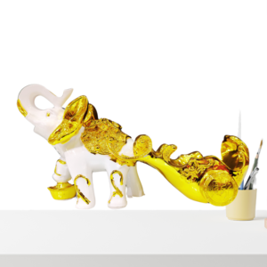 The Global Store - elephant statue - attached trolly at back made of marble dust coated with white and golden paint - no bg